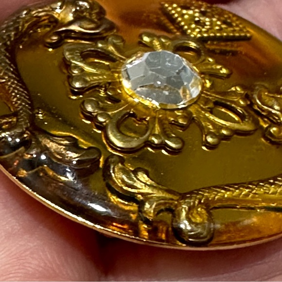 Vintage Patti Horn Gold Tone Round Clip On Earrings Signed Center Rhinestone - Picture 8 of 11